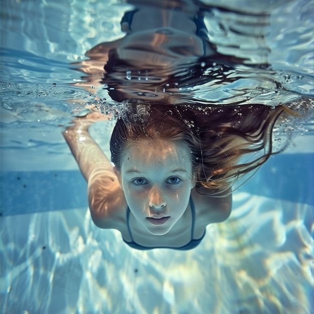 ein Mädchen in einem Pool mit Wasser und ein blau-weißes Bild eines Mädchens, das unter Wasser schwimmt