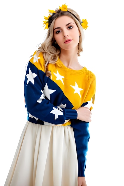 Ein Mädchen in einem Pullover mit Sternenmuster darauf