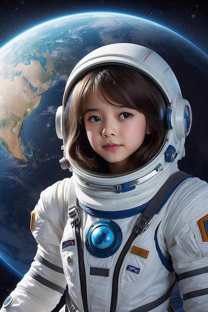 Ein Mädchen in einem Raumanzug mit einem Planeten im Hintergrund