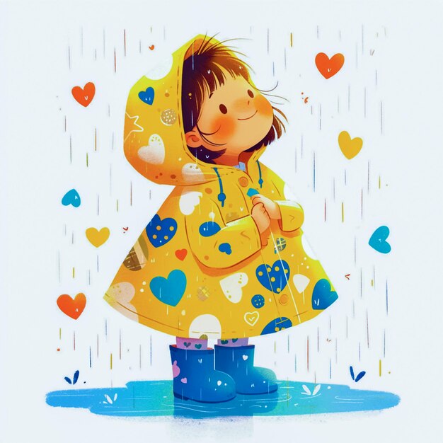 ein Mädchen in einem Regenmantel mit Herzen und einem gelben Regen Mantel