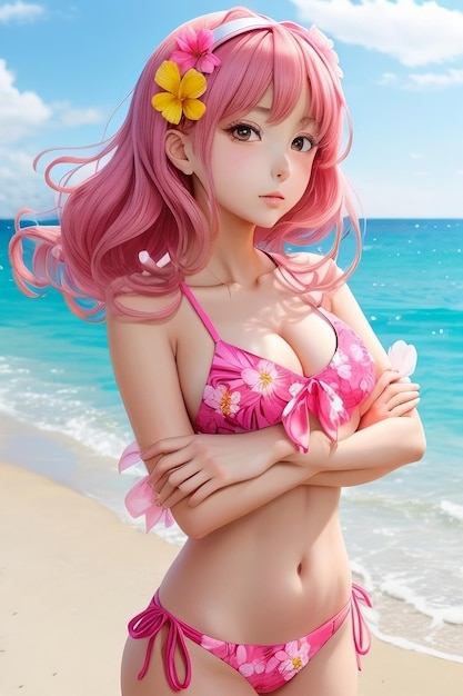 Ein Mädchen in einem rosa Bikini, das dich ansieht