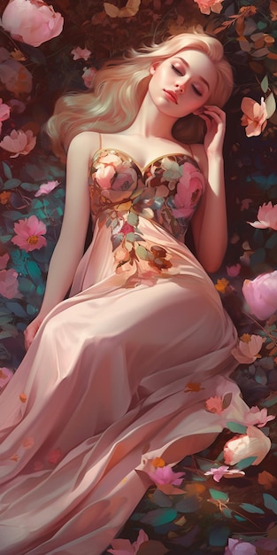 Ein Mädchen in einem rosa Kleid mit Blumen