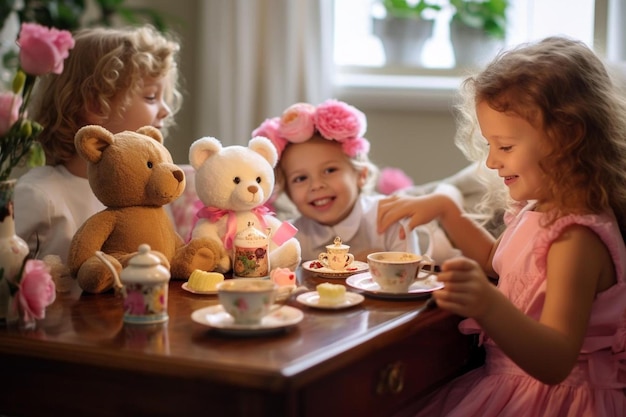 ein Mädchen in einem rosa Kleid sitzt an einem Tisch mit zwei Bären und einem Cupcake mit einem Bären darauf.