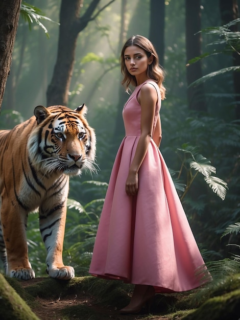 Foto ein mädchen in einem rosa kleid steht mit einem tiger im wald