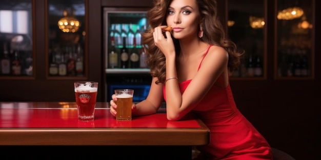 Ein Mädchen in einem roten Kleid sitzt an der Bar