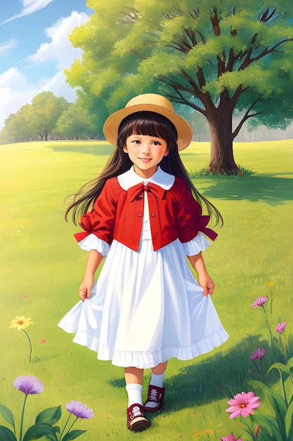 Ein Mädchen in einem roten Kleid steht auf einem Feld mit Blumen.