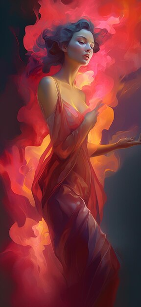 Ein Mädchen in einem roten Kleid tanzt im Feuer.