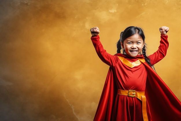 Ein Mädchen in einem roten Superheldenkostüm hebt ihre Faust.