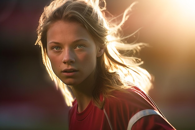 Ein Mädchen in einem roten Trikot