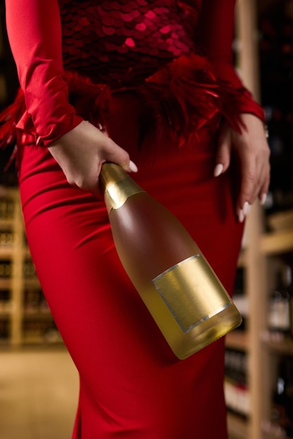 Ein Mädchen in einem schönen Kleid hält eine teure Flasche Champagner in den Händen