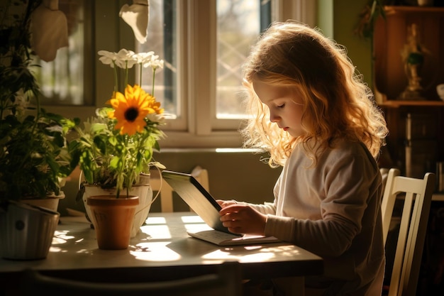 ein Mädchen in einem schwach beleuchteten Zimmer sitzt an einem Tisch und hält eine Tablette. Eine Topfpflanze mit einer gelben Blume wird auf den Tisch gelegt