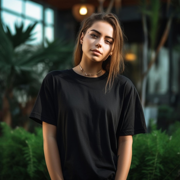 Ein Mädchen in einem schwarzen Hemd steht vor einer Pflanze