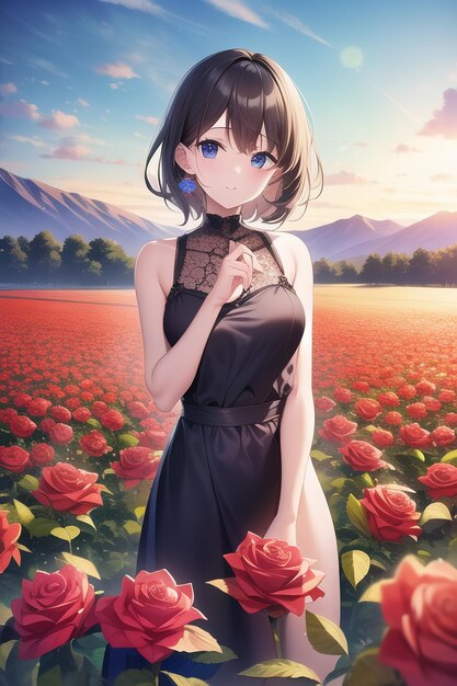 Ein Mädchen in einem schwarzen Kleid steht in einem Rosenfeld.