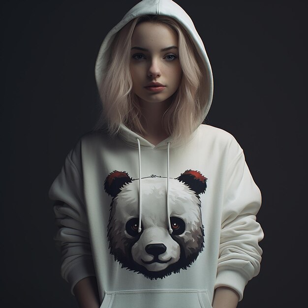 Foto ein mädchen in einem weißen hoodie mit einem von ki generierten panda