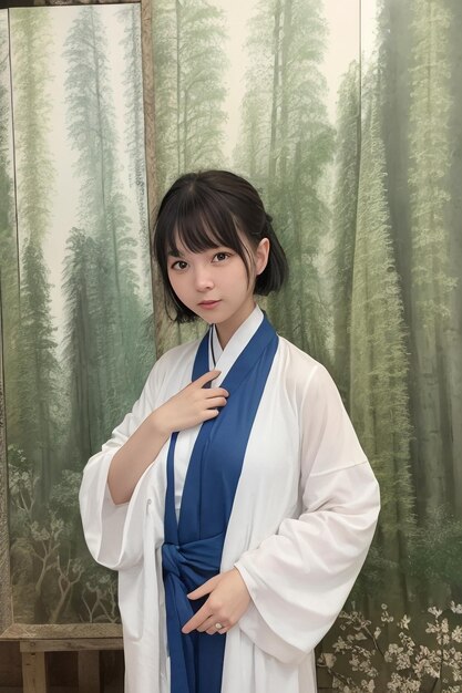 Ein Mädchen in einem weißen Kimono mit blauer Schärpe