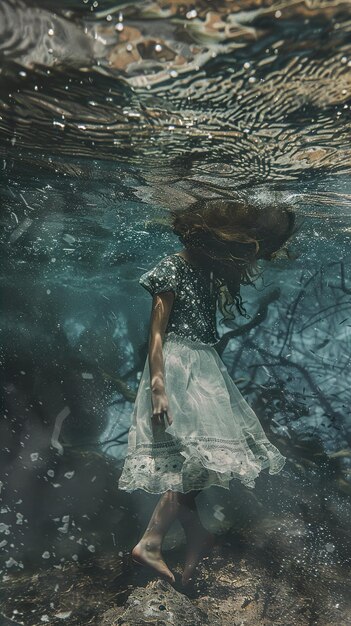 ein Mädchen in einem weißen Kleid schwimmt unter Wasser mit den Worten "Wasser auf dem Boden"