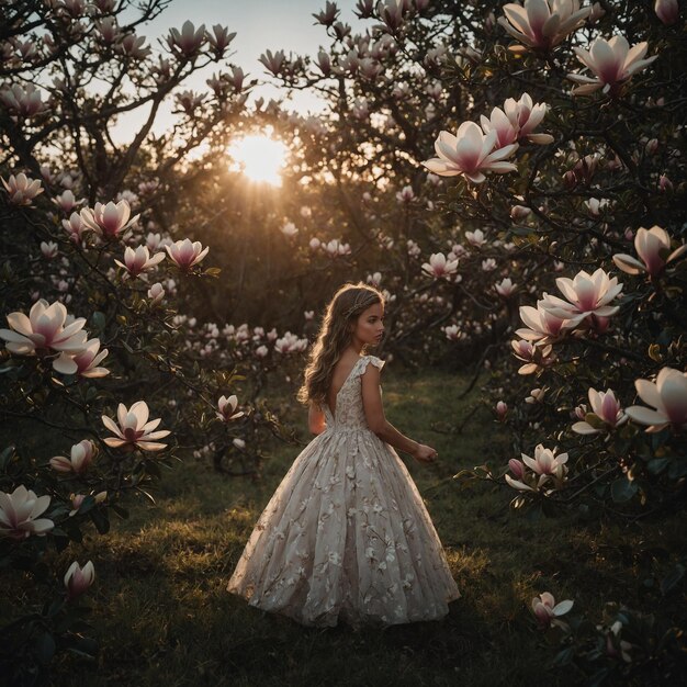 ein Mädchen in einem weißen Kleid steht vor einem Baum mit der Sonne hinter sich