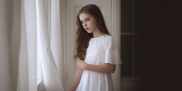 Ein Mädchen in einem weißen Kleid steht vor einem Fenster.