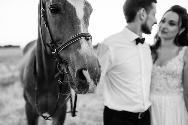 Ein Mädchen in einem weißen Kleid und ein Typ in einem weißen Hemd auf einem Spaziergang mit braunen Pferden im Dorf