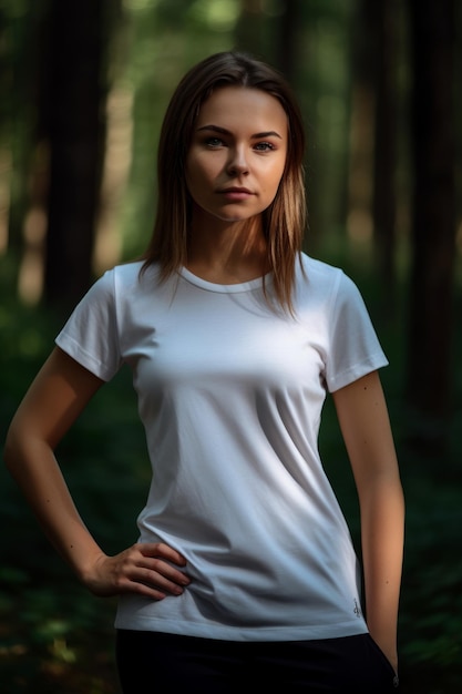 Ein Mädchen in einem weißen T-Shirt steht im Wald