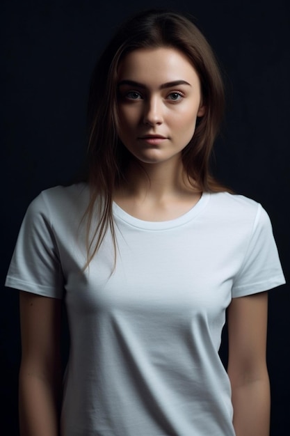 Ein Mädchen in einem weißen T-Shirt steht vor einem schwarzen Hintergrund.