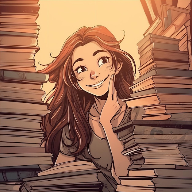 Ein Mädchen in einer Bibliothek mit Büchern auf ihrem Schreibtisch