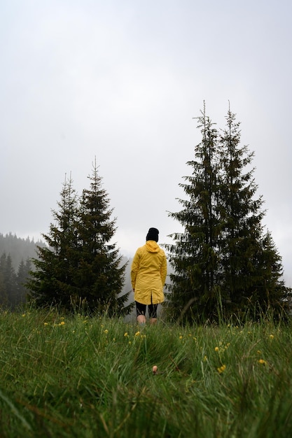 Ein Mädchen in einer gelben Jacke geht nach dem Regen auf der Wiese spazieren und ruht sich in den Bergen aus