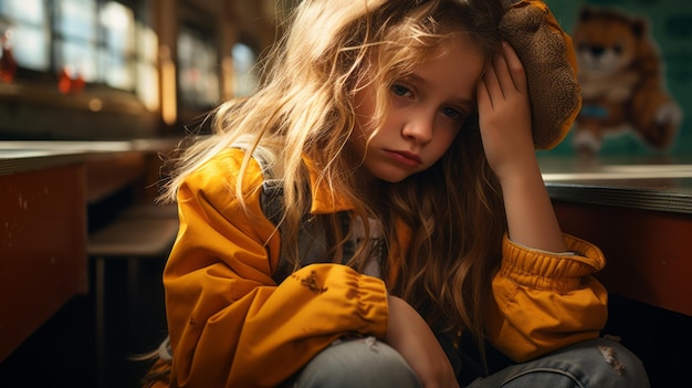 Ein Mädchen in einer gelben Jacke sitzt müde auf ihrem Arm in einem sonnigen Klassenzimmer.