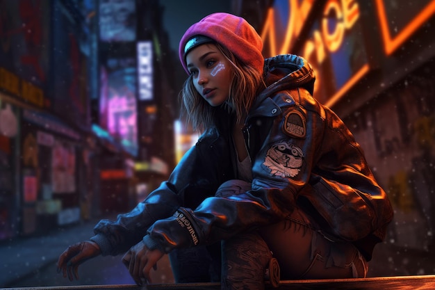 Ein Mädchen in einer Jacke und einem rosa Hut sitzt auf einer Straße in der Cyberpunk-Stadt.