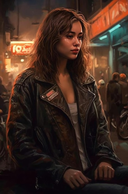 Ein Mädchen in einer Lederjacke steht vor einem Geschäft