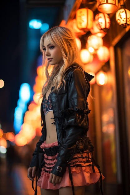 Ein Mädchen in einer schwarzen Jacke steht an einer Straßenecke mit einer Leuchtreklame im Hintergrund.