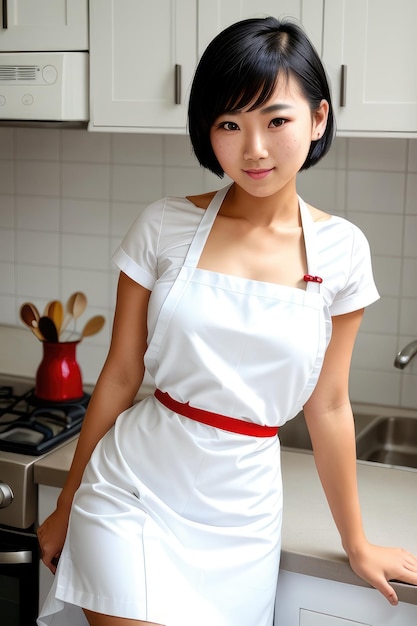 Ein Mädchen in einer weißen Schürze steht vor einer Küchenspüle.