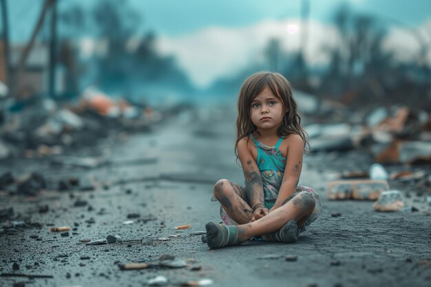Ein Mädchen in einer zerstörten Welt nach dem Krieg