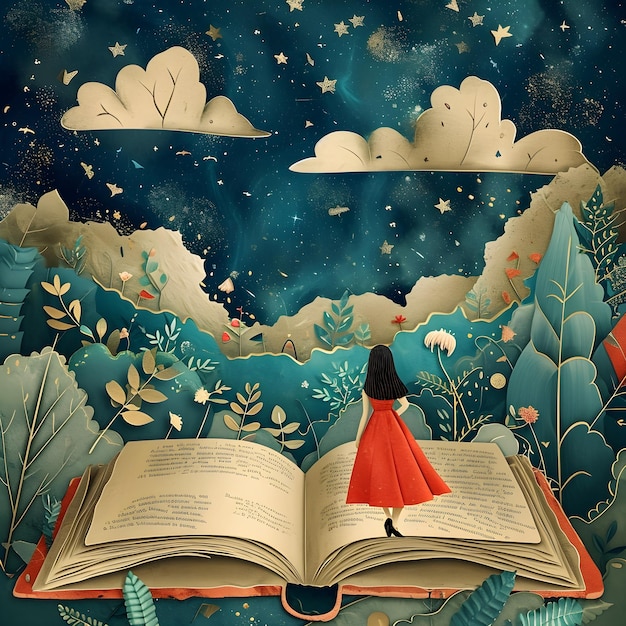 ein Mädchen in rotem Kleid auf einem offenen Buch mit Sternen im Stil von wundervollen Landschaften
