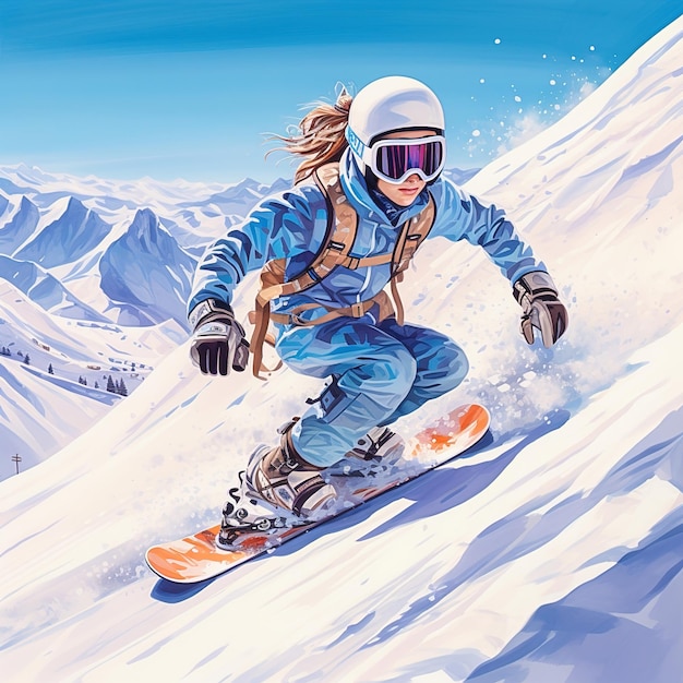 Ein Mädchen in Sportkleidung, das im Winter in den Bergen Snowboard fährt