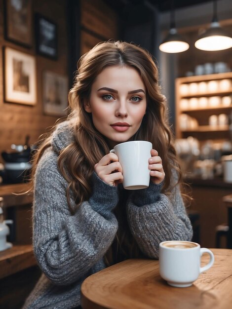 Ein Mädchen in Winterkleidung sitzt in einem Laden und trinkt Kaffee