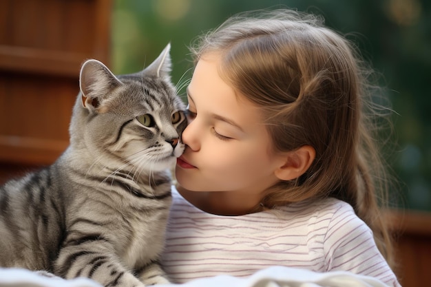 Foto ein mädchen küsst ihre süße heimische amerikanische katze das kind liebt und spielt mit seinem haustier