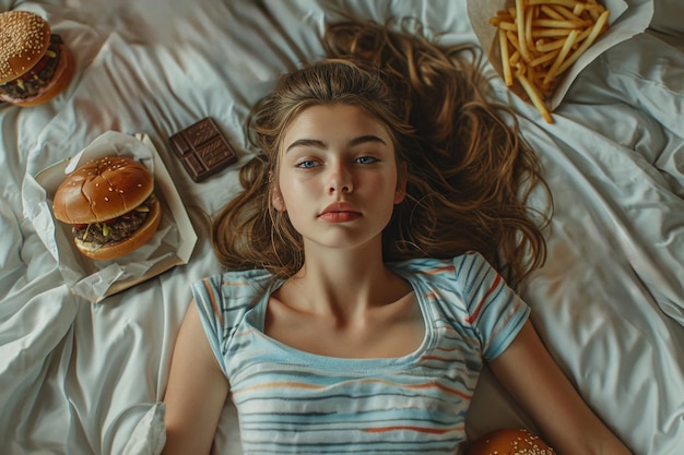 Ein Mädchen liegt im Bett mit Fastfood-PMS-Cheat-Mahlzeit