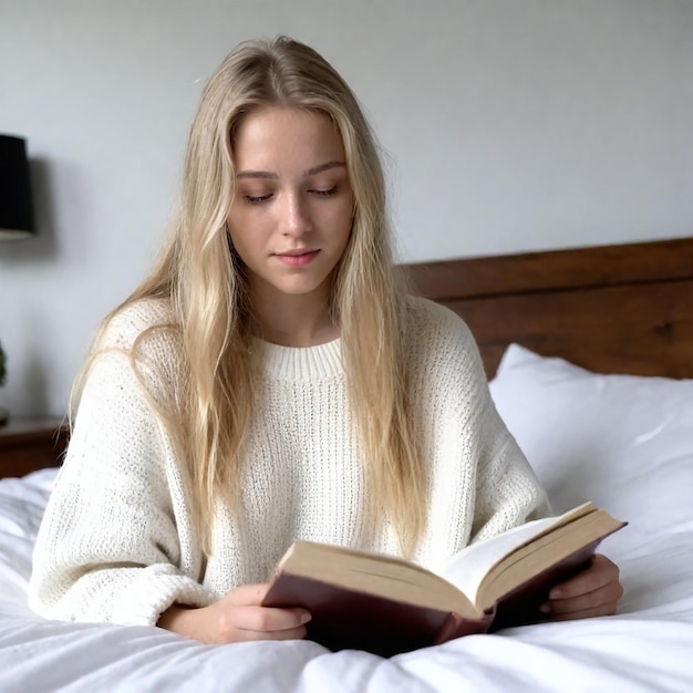 ein Mädchen liest ein Buch auf einem Bett