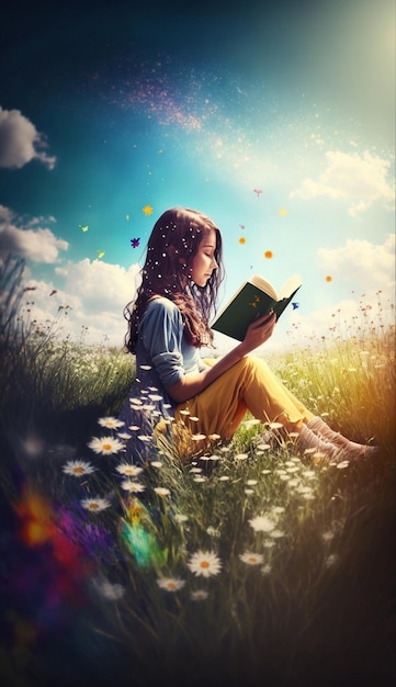 Ein Mädchen liest ein Buch in einem Blumenfeld