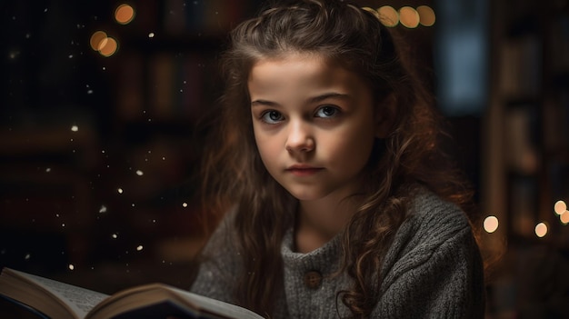 Ein Mädchen liest ein Buch in einem dunklen Raum