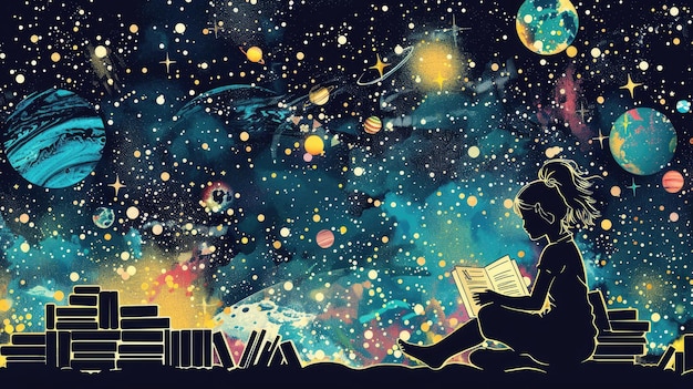 Foto ein mädchen liest ein buch in einem raum voller sterne und planeten