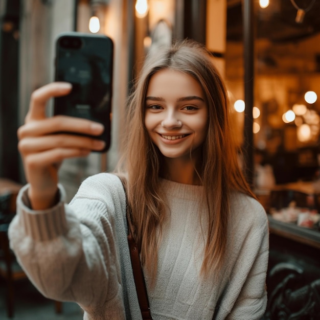 Ein Mädchen macht ein Selfie mit einem Handy