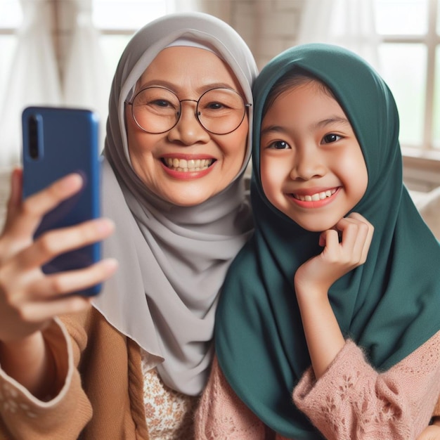 Ein Mädchen macht ein Selfie mit ihrer Großmutter