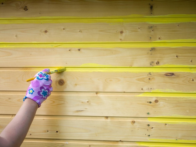 Ein Mädchen malt eine Holzwand mit einem Pinsel mit gelber Farbe