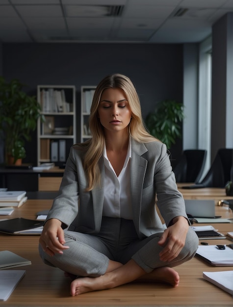 Ein Mädchen meditiert im Büro, um mit Stress fertig zu werden