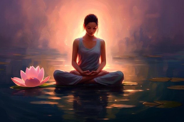 ein Mädchen meditiert in der Lotusposition mit einer Lotusblume im Hintergrund.