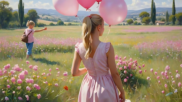 ein Mädchen mit Ballons in einem Feld mit einem Feld von Blumen im Hintergrund