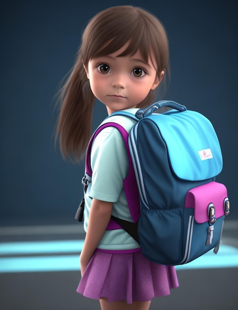 Ein Mädchen mit blauem Rucksack steht vor dunklem Hintergrund.