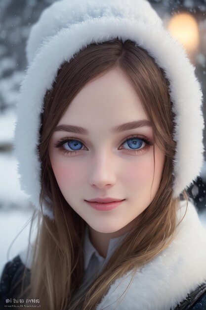 Ein Mädchen mit blauen Augen im Schnee